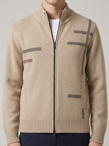 Men's Zip Up Cardigan in Beige – front view