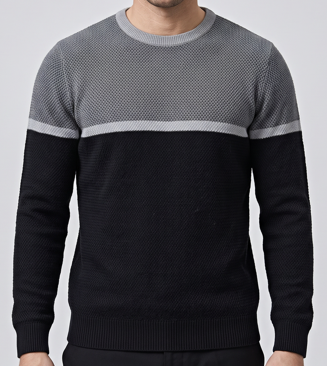 Men's Two-Tone Colour Block Knitted Jumper in Grey & Black – front view