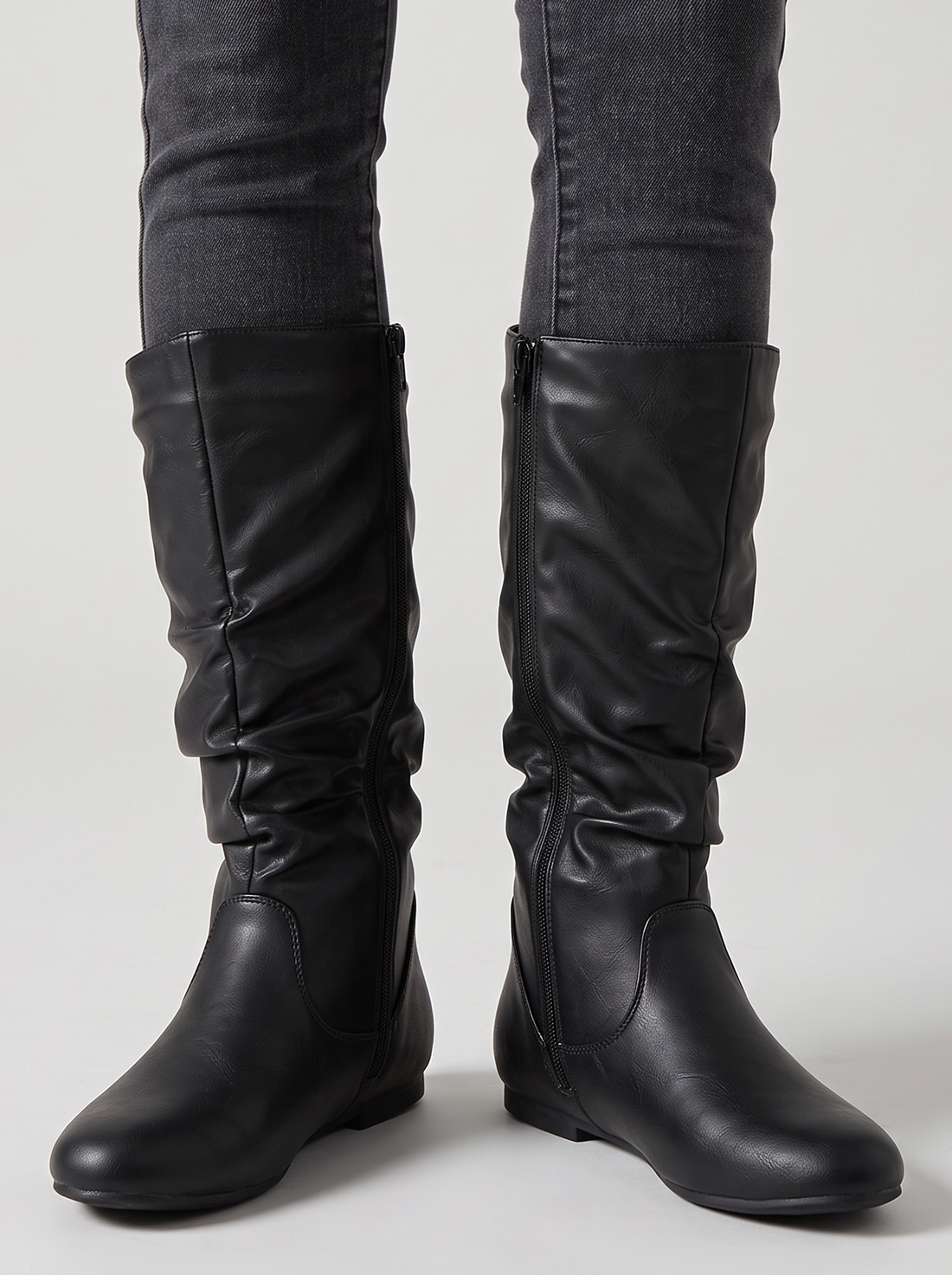 Women's Slouch Boots – Faux Leather Mid-Calf Flat Boots in Light Brown