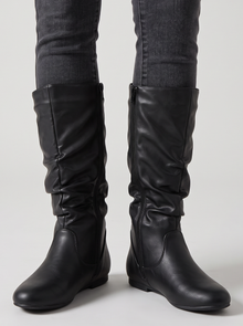 Women's Slouch Boots – Faux Leather Mid-Calf Flat Boots in Black – front view