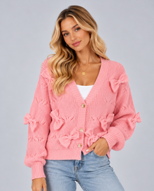 Women’s Bow Cardigan – Textured Knit V-Neck Button Up Cropped Cardigan