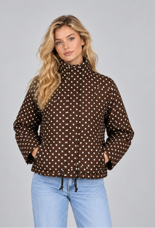 Women’s Polka Dot Cropped Jacket – Zip Up High Collar Drawstring Coat