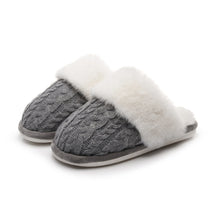 Women's cable knit fluffy slippers in grey with cream faux fur trim