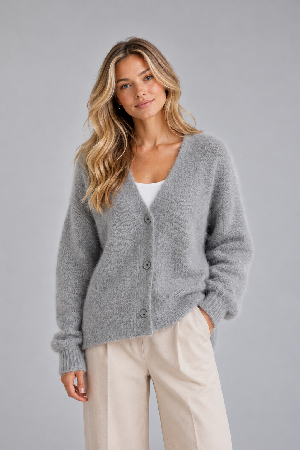 Women’s Fluffy V-Neck Cardigan - Button Up Knit