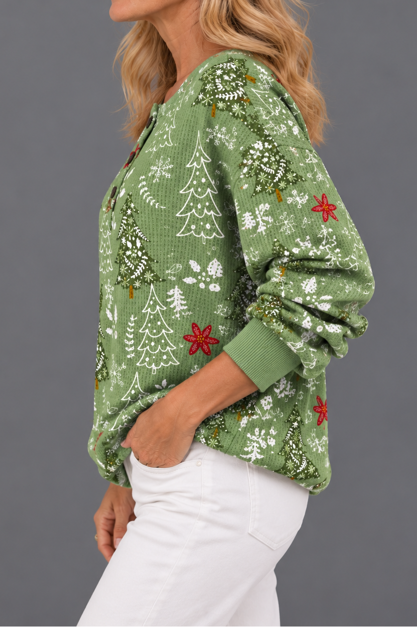 Women's Christmas Jumper – Christmas Tree & Poinsettia Waffle Knit Henley