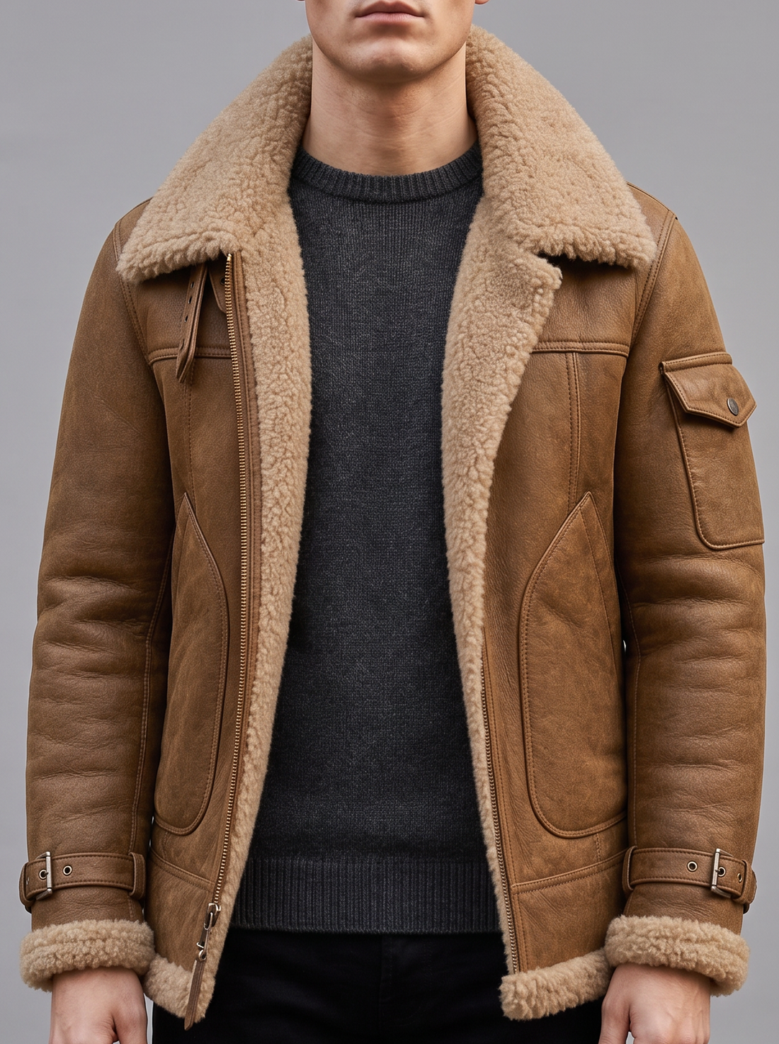 Men's Shearling Aviator Jacket in Brown – front view