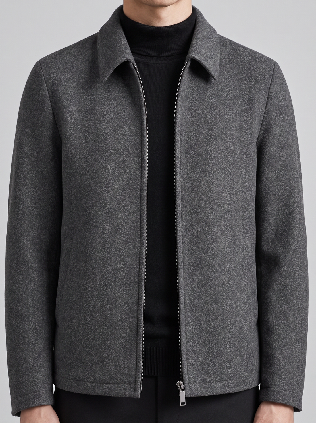 Men's grey wool blend zip up jacket – front