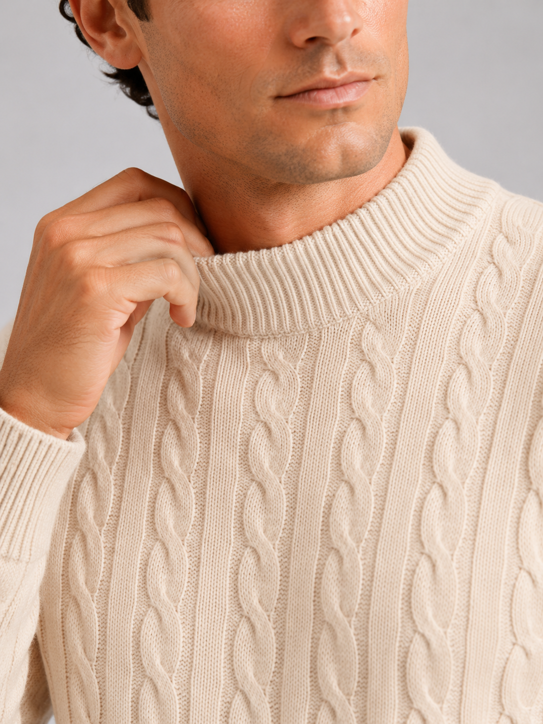 Men's Wool Cable Knit Mock Neck Jumper – image 17