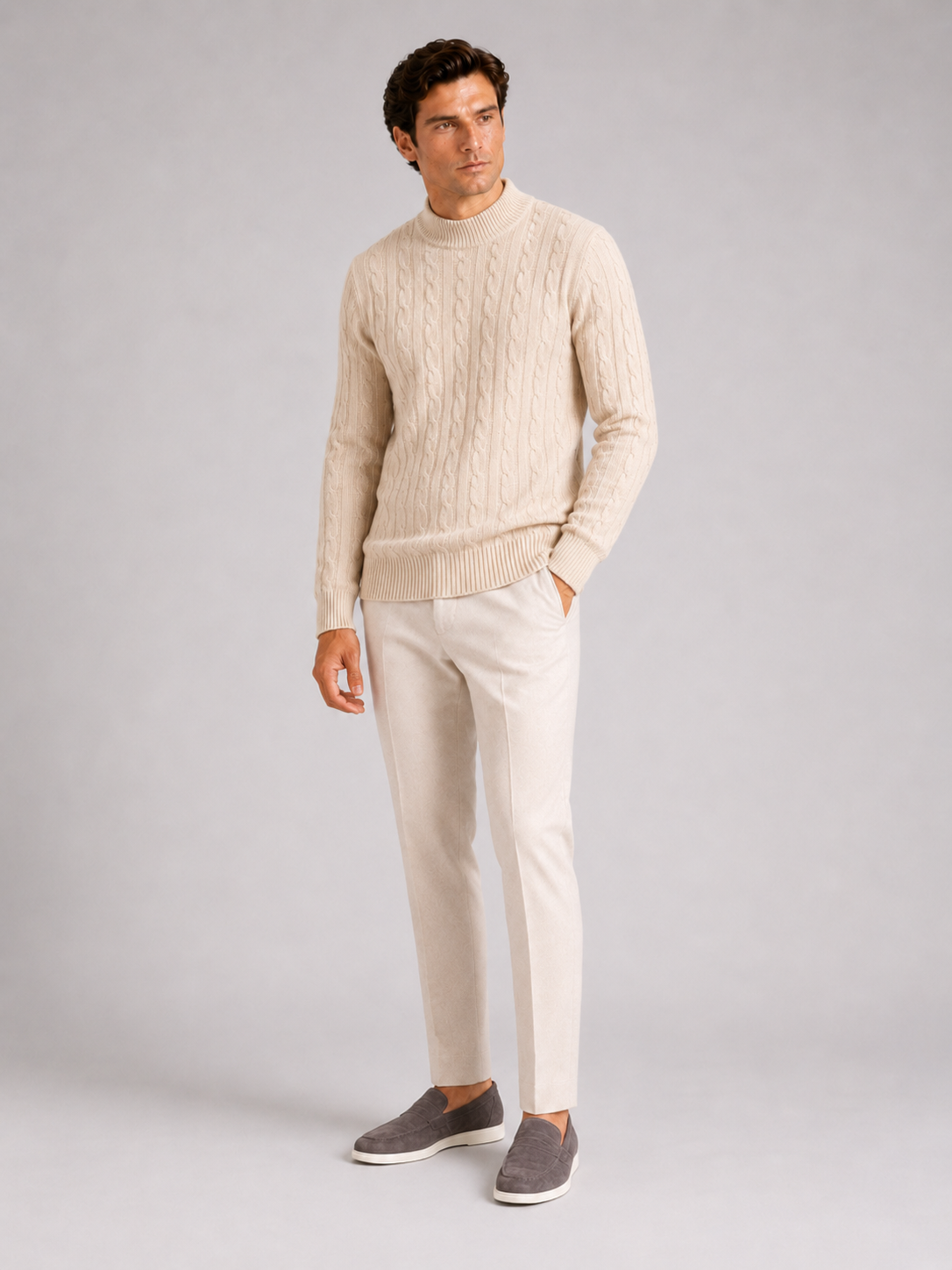 Men's Wool Cable Knit Mock Neck Jumper – image 18