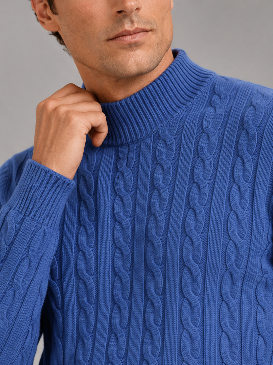 Men's Wool Cable Knit Mock Neck Jumper in Blue