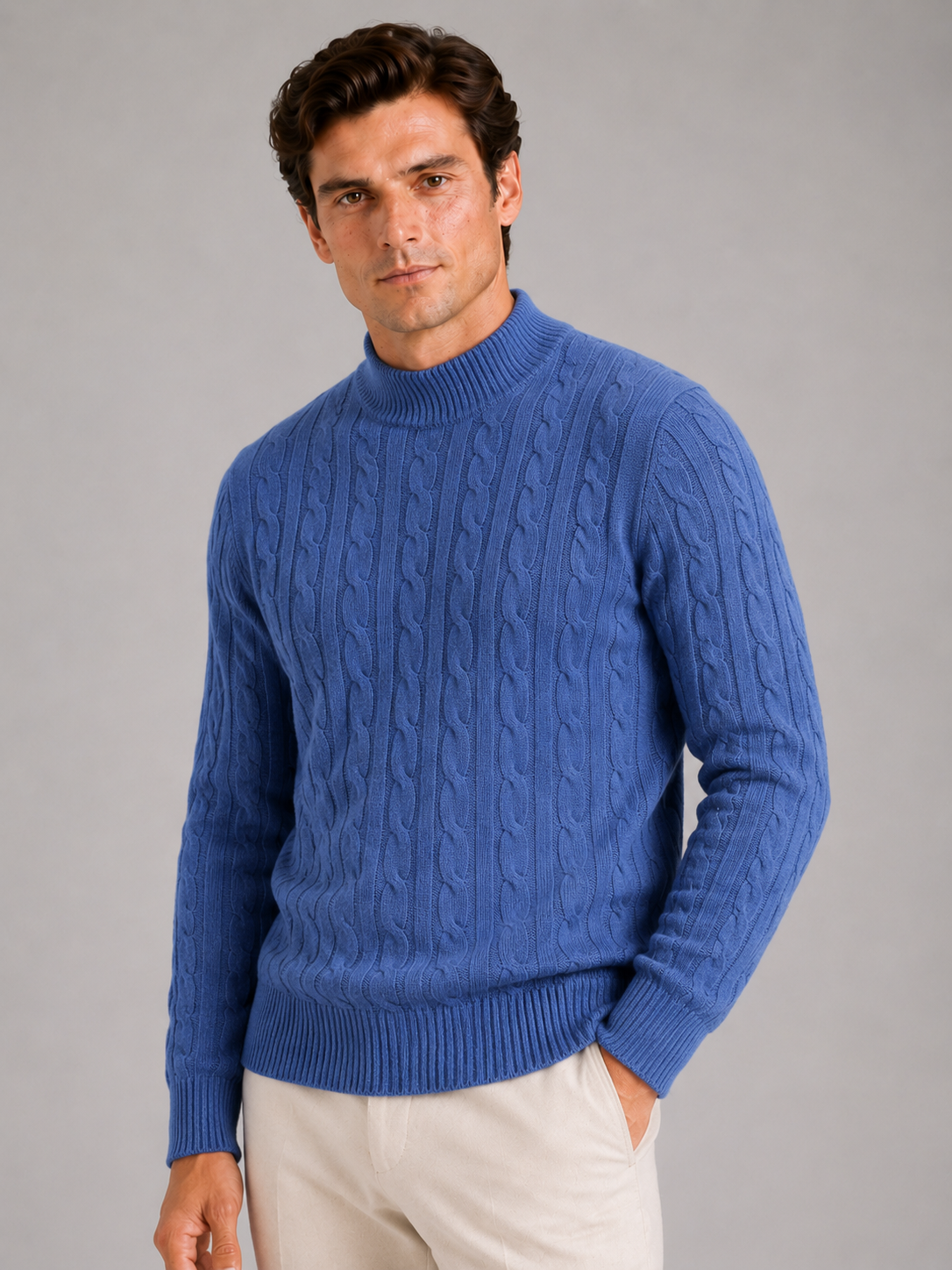 Men's Wool Cable Knit Mock Neck Jumper in Blue