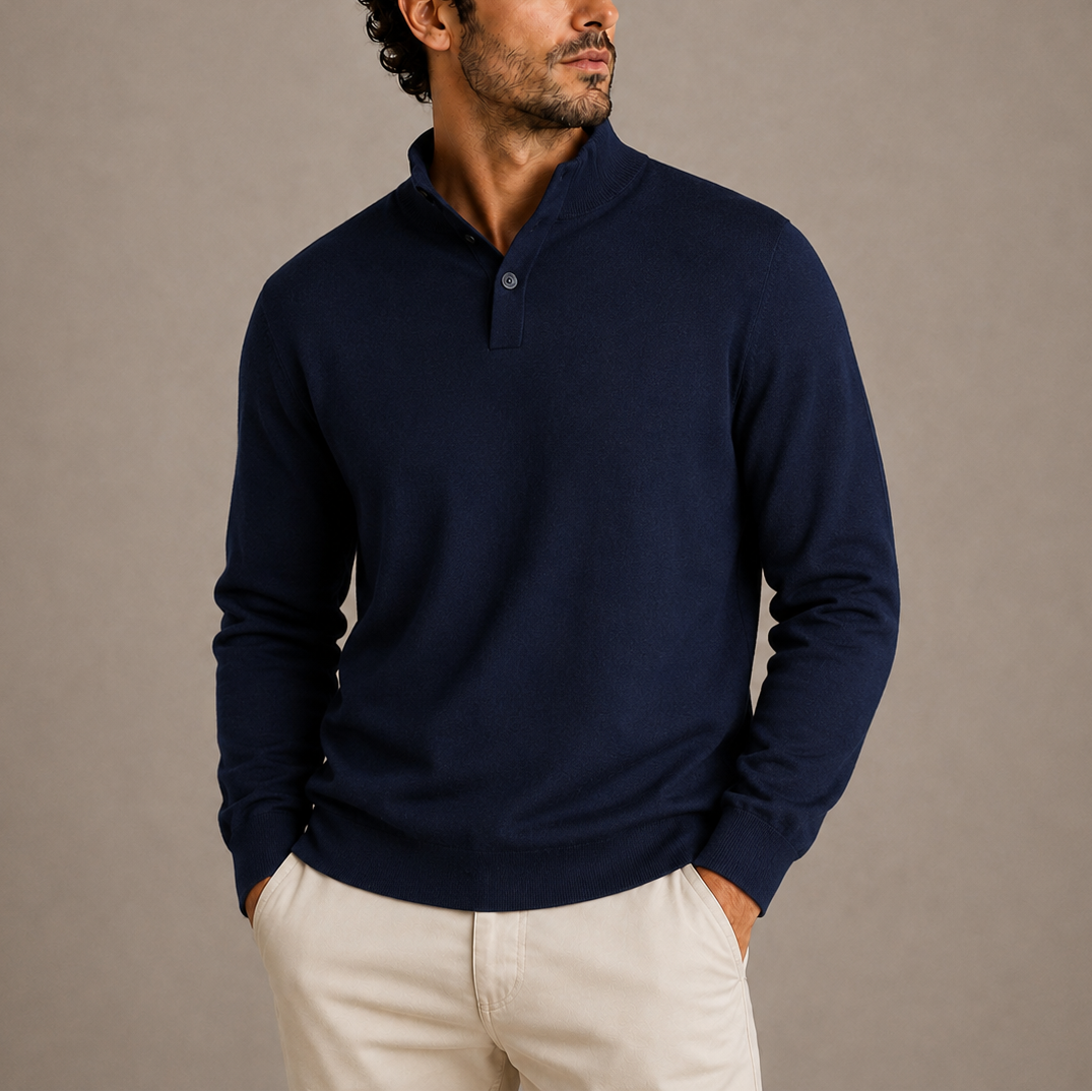 Men's Long Sleeve Knitted Polo in Navy