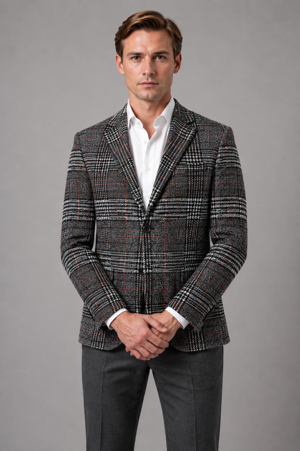 Men's Check Tweed Blazer in Light Grey