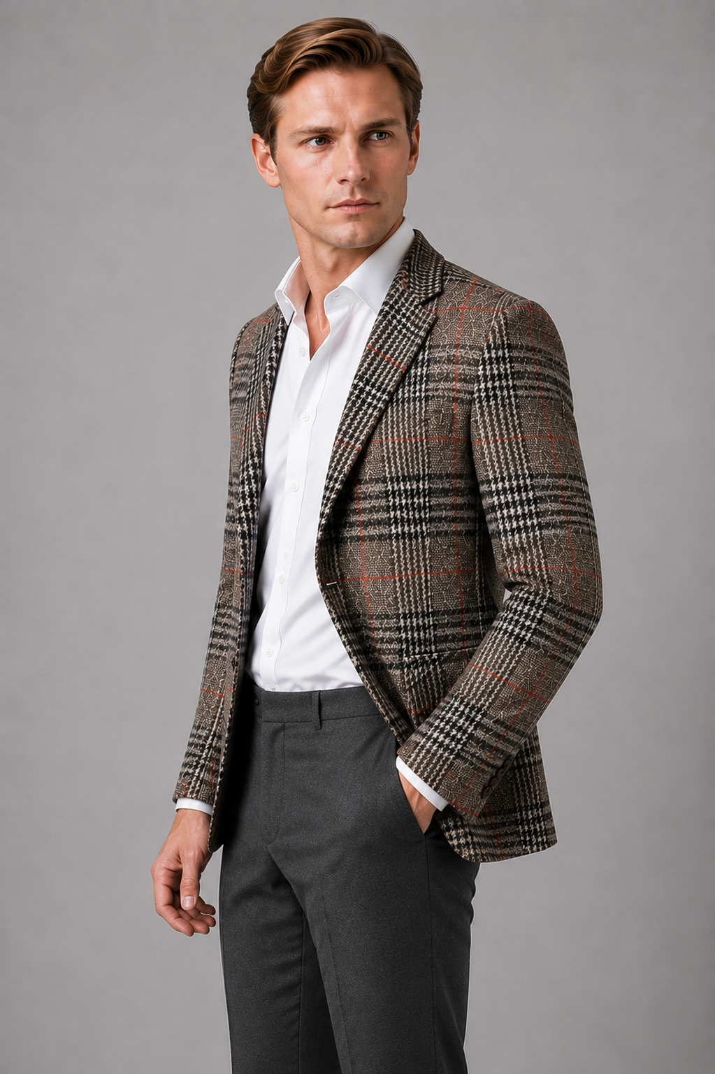 Men's Check Tweed Blazer in Khaki – view 3