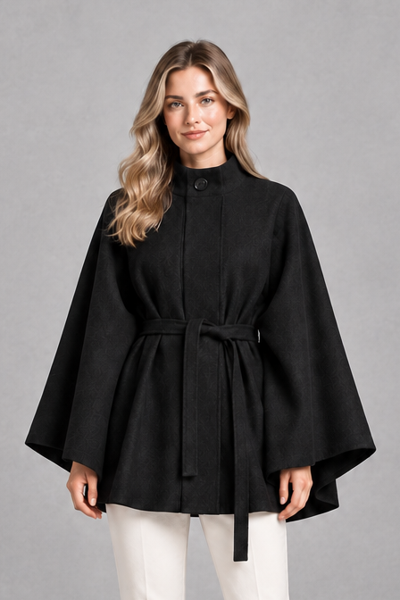 Women's Cape Sleeve Coat – Wool-Look Stand Collar, Slim Fit