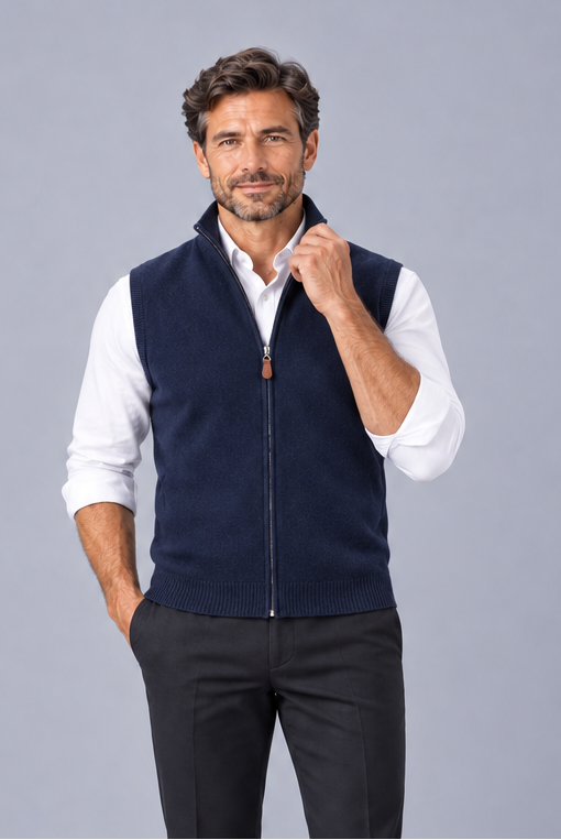 Men's Cashmere Gilet – Knitted Full Zip Sleeveless Vest with Pockets
