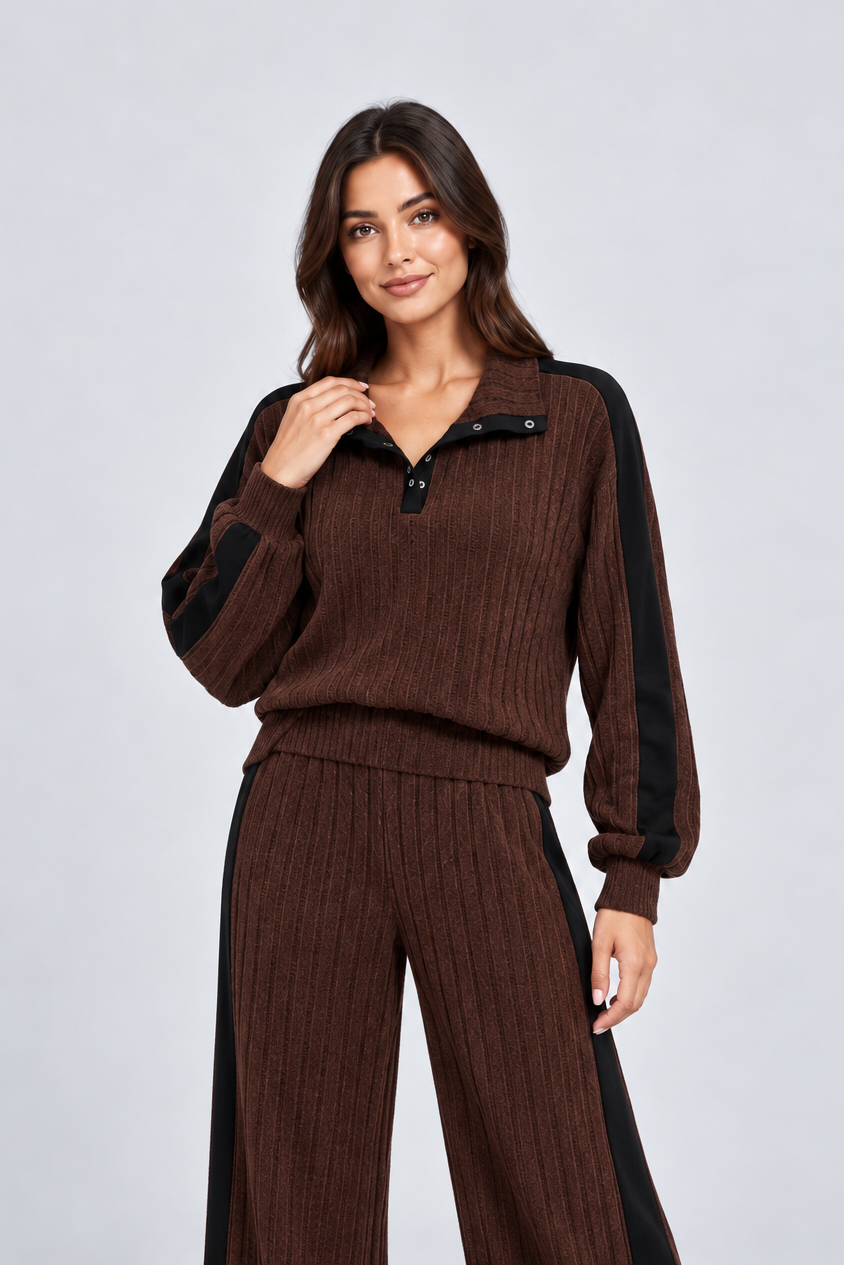 Women's Striped Knit Lounge Set – Contrast Trim Two Piece