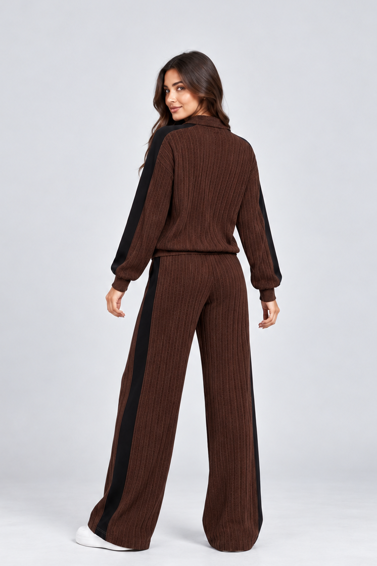 Women's Striped Knit Lounge Set – Contrast Trim Two Piece