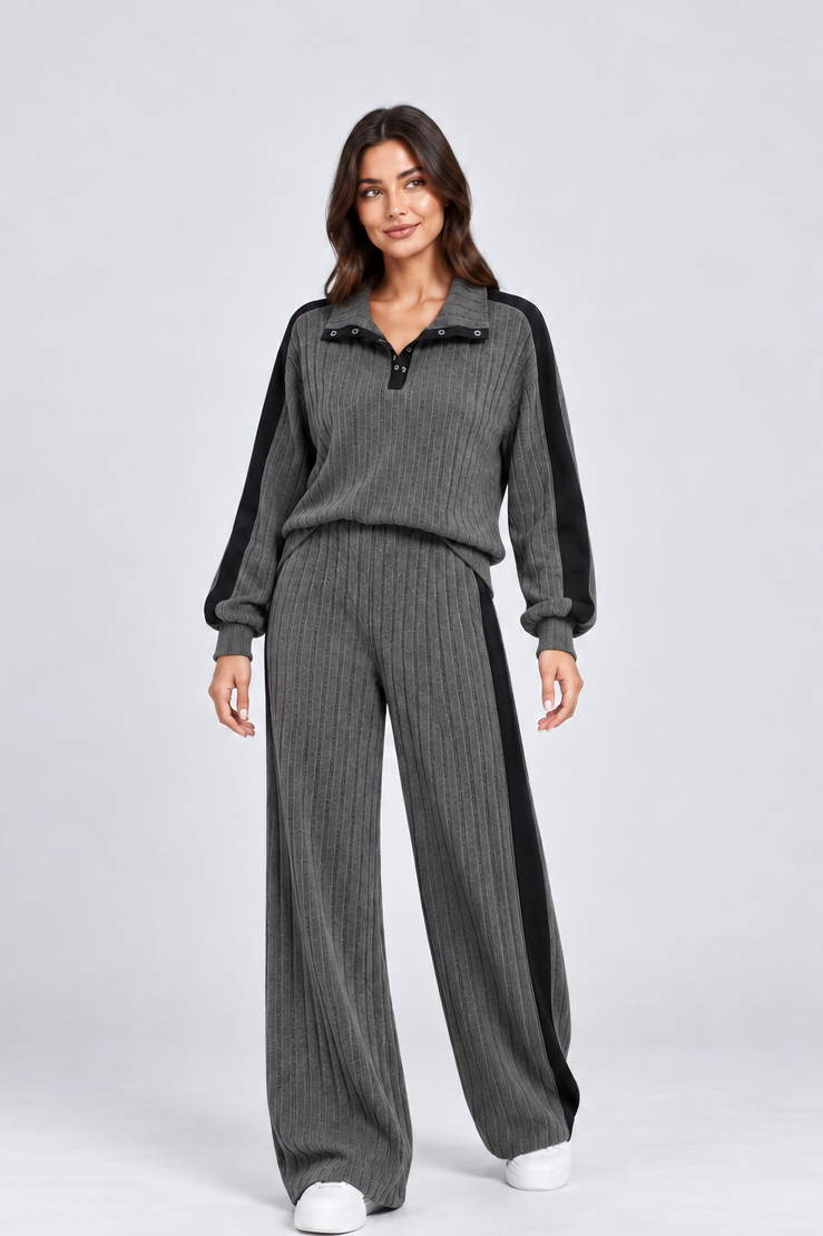 Women's Striped Knit Lounge Set – Contrast Trim Two Piece