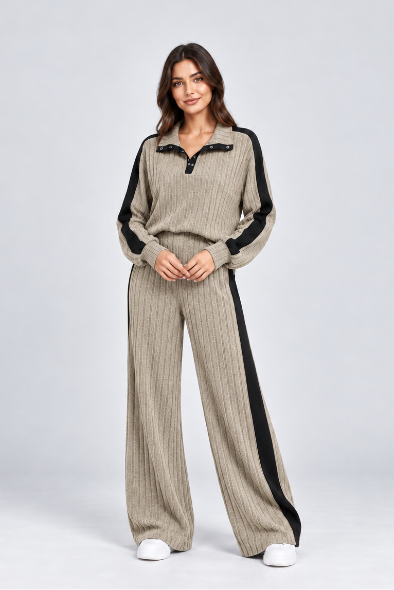 Women's Striped Knit Lounge Set – Contrast Trim Two Piece