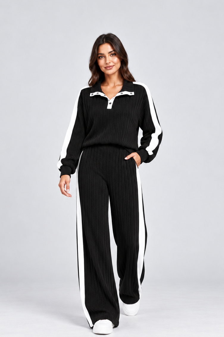 Women's Striped Knit Lounge Set – Contrast Trim Two Piece