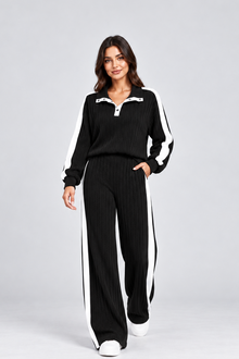 Women's Striped Knit Lounge Set – Contrast Trim Two Piece