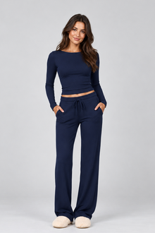Women's Ribbed Loungewear Set – Long Sleeve Top & Drawstring Trousers
