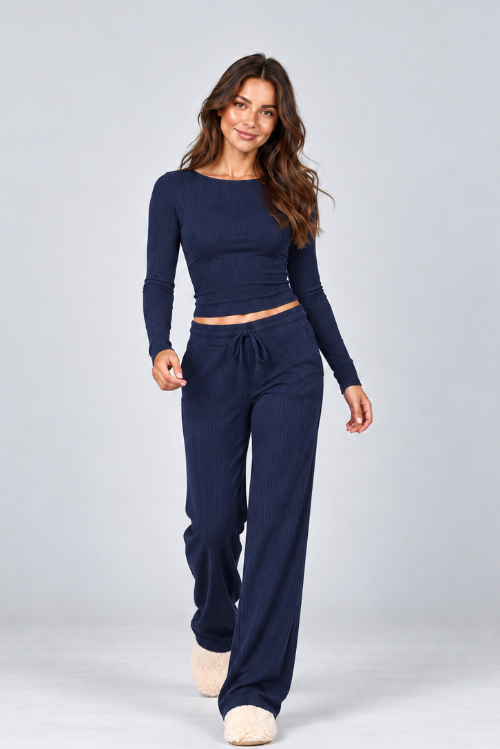 Women's Ribbed Loungewear Set – Long Sleeve Top & Drawstring Trousers