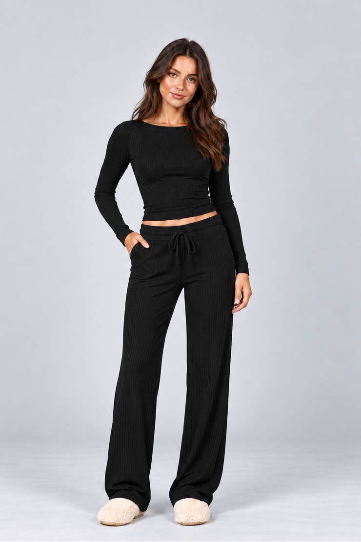 Women's Ribbed Loungewear Set – Long Sleeve Top & Drawstring Trousers