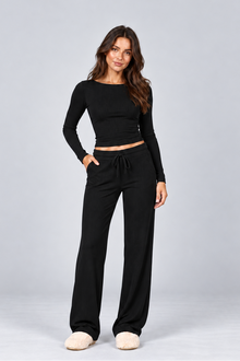 Women's Ribbed Loungewear Set – Long Sleeve Top & Drawstring Trousers