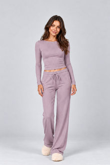 Women's Ribbed Loungewear Set – Long Sleeve Top & Drawstring Trousers