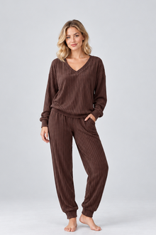 Women’s Knitted Co-Ord Set – V-Neck Long Sleeve Top & Wide Trousers Lounge Set