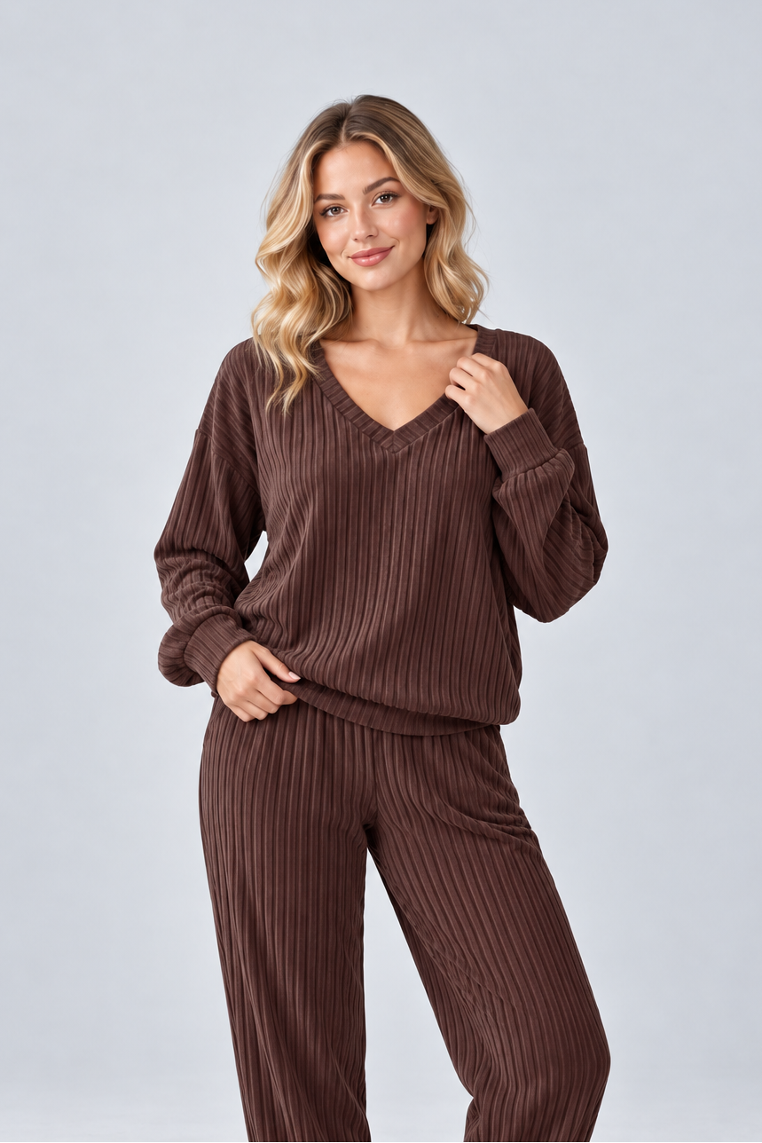Women’s Knitted Co-Ord Set – V-Neck Long Sleeve Top & Wide Trousers Lounge Set