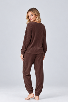 Women’s Knitted Co-Ord Set – V-Neck Long Sleeve Top & Wide Trousers Lounge Set