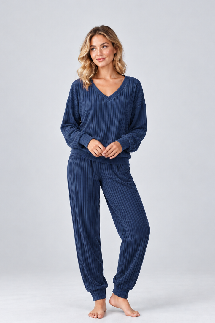 Women’s Knitted Co-Ord Set – V-Neck Long Sleeve Top & Wide Trousers Lounge Set