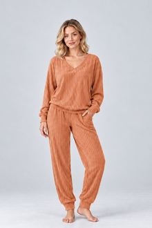 Women’s Knitted Co-Ord Set – V-Neck Long Sleeve Top & Wide Trousers Lounge Set