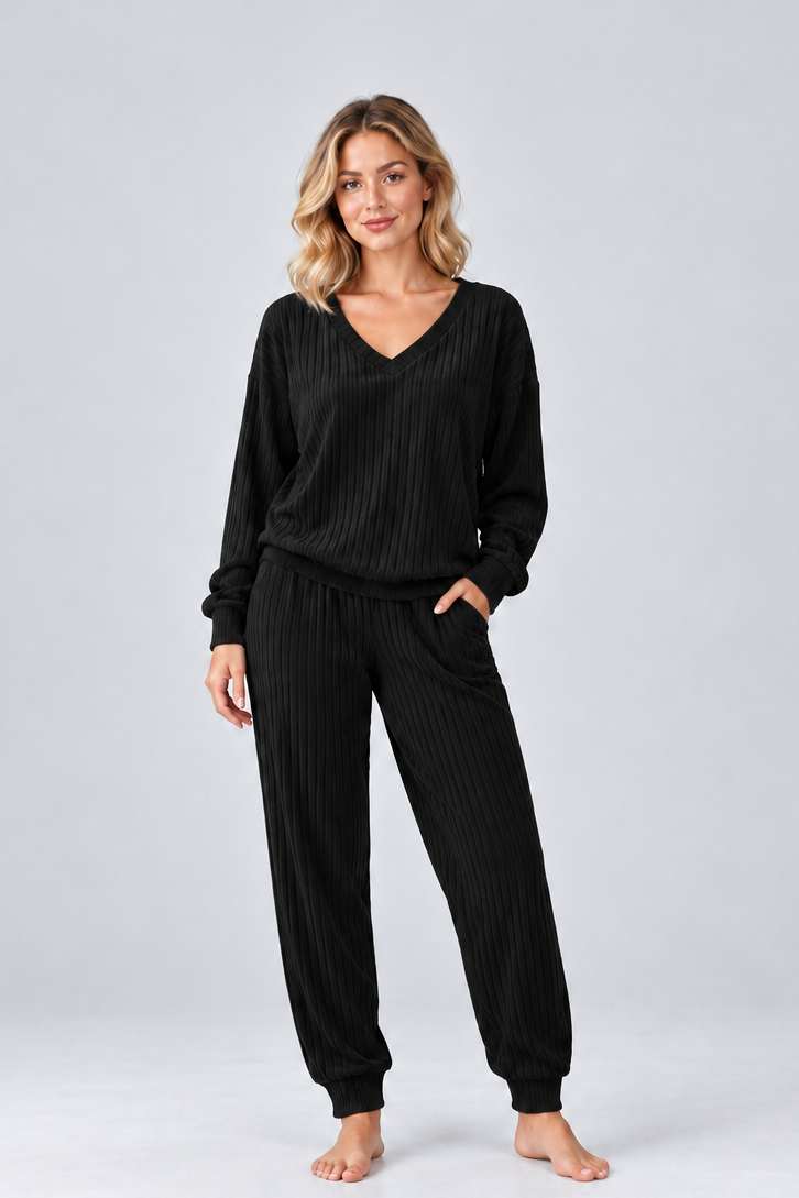 Women’s Knitted Co-Ord Set – V-Neck Long Sleeve Top & Wide Trousers Lounge Set