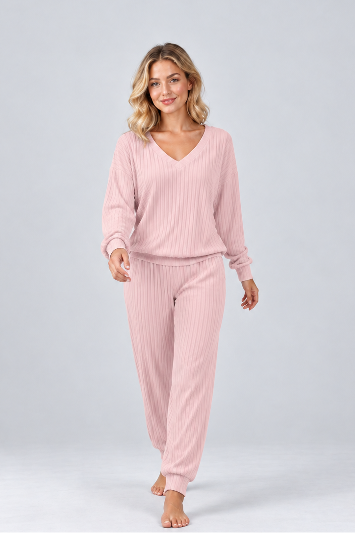 Women’s Knitted Co-Ord Set – V-Neck Long Sleeve Top & Wide Trousers Lounge Set