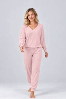Women’s Knitted Co-Ord Set – V-Neck Long Sleeve Top & Wide Trousers Lounge Set