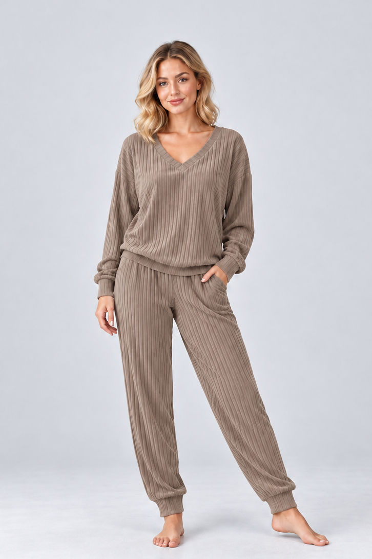Women’s Knitted Co-Ord Set – V-Neck Long Sleeve Top & Wide Trousers Lounge Set
