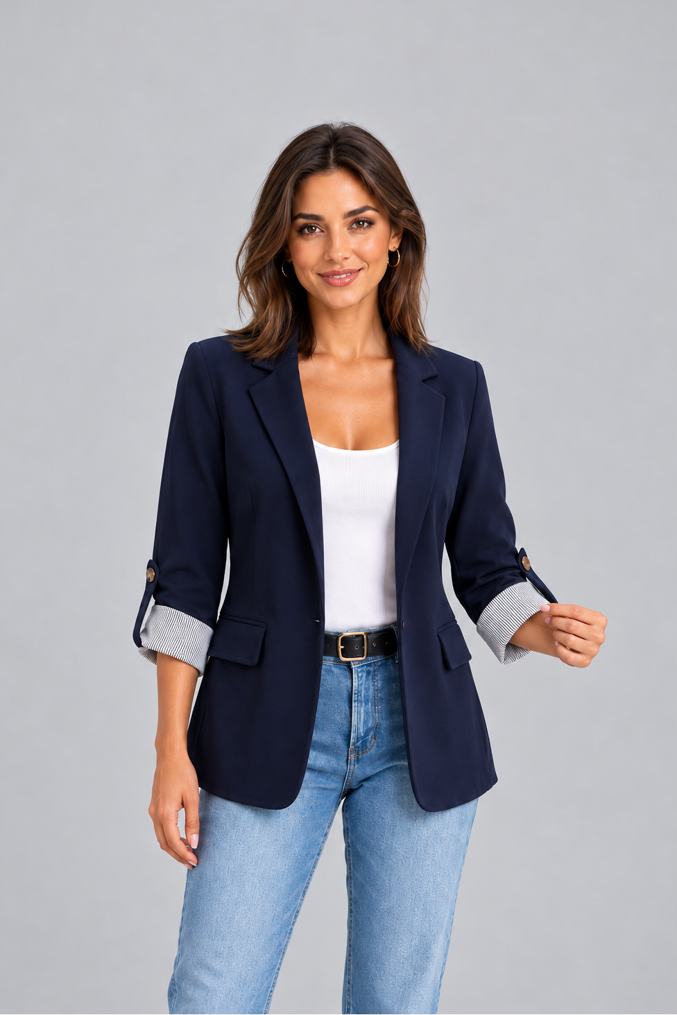 Women's Open Front Blazer – Ruched Sleeves