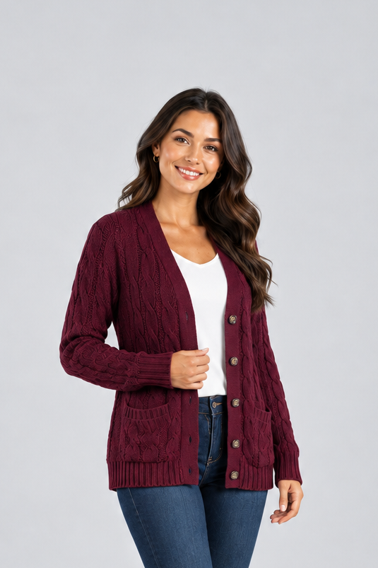 Women's Cable Knit Cardigan – V-Neck with Buttons