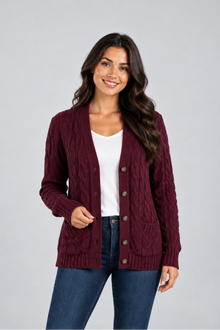 Women's Cable Knit Cardigan – V-Neck with Buttons