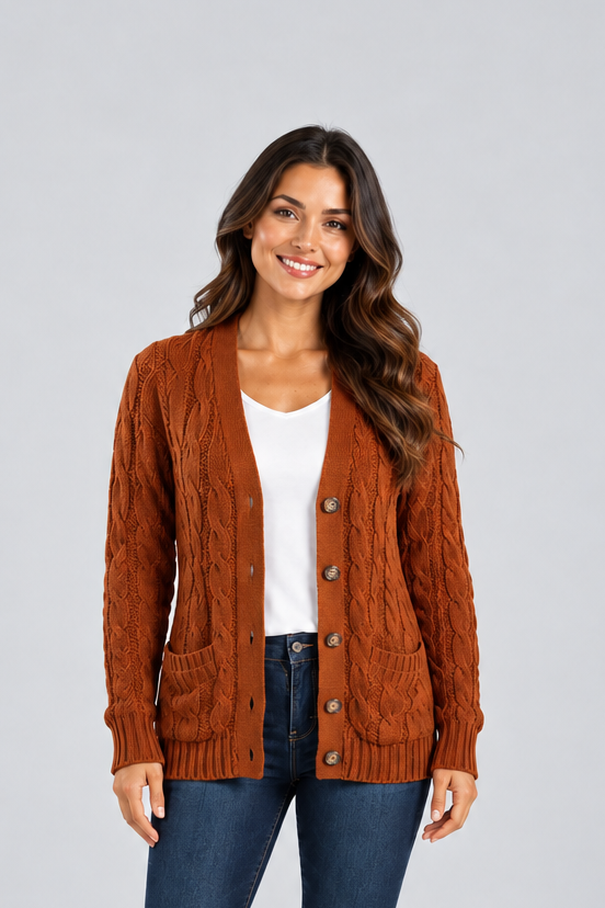 Women's Cable Knit Cardigan – V-Neck with Buttons