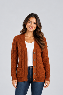 Women's Cable Knit Cardigan – V-Neck with Buttons