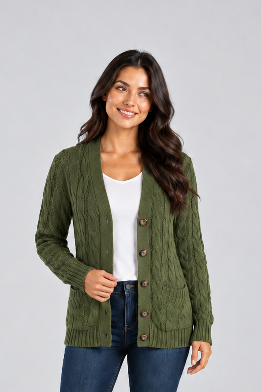 Women's Cable Knit Cardigan – V-Neck with Buttons