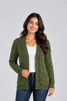 Women's Cable Knit Cardigan – V-Neck with Buttons