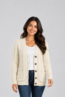Women's Cable Knit Cardigan – V-Neck with Buttons
