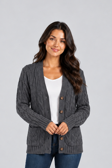 Women's Cable Knit Cardigan – V-Neck with Buttons