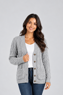 Women's Cable Knit Cardigan – V-Neck with Buttons